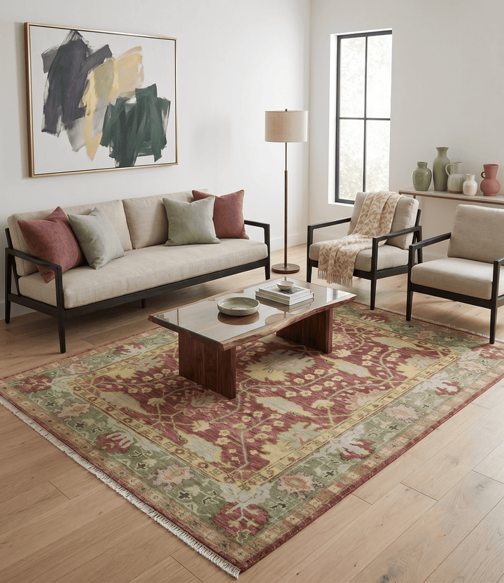 Traditional Maroon, Green and Beige Antique Donegal Design Hand knotted Area Rug - The Rug Decor