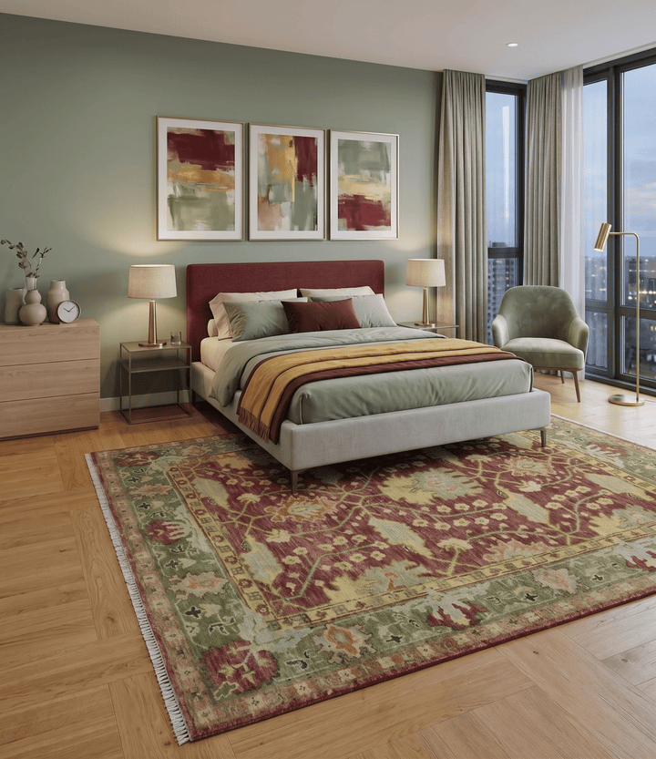 Traditional Maroon, Green and Beige Antique Donegal Design Hand knotted Area Rug - The Rug Decor