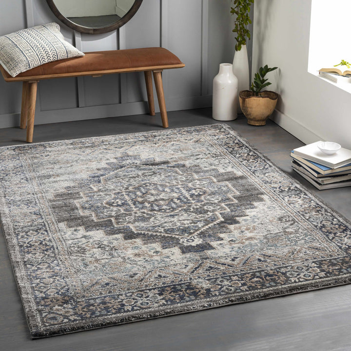Traditional Medallion Design Charcoal Machine Woven Area Rug - The Rug Decor
