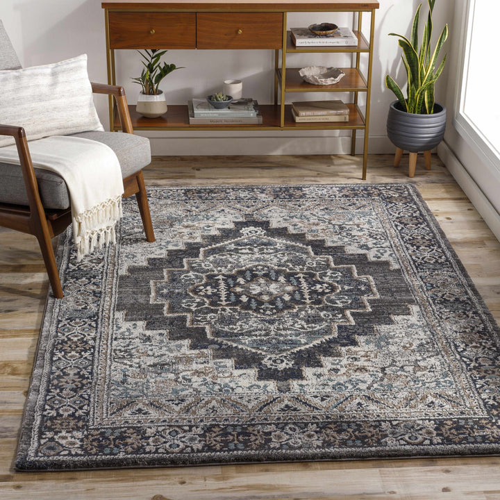 Traditional Medallion Design Charcoal Machine Woven Area Rug - The Rug Decor
