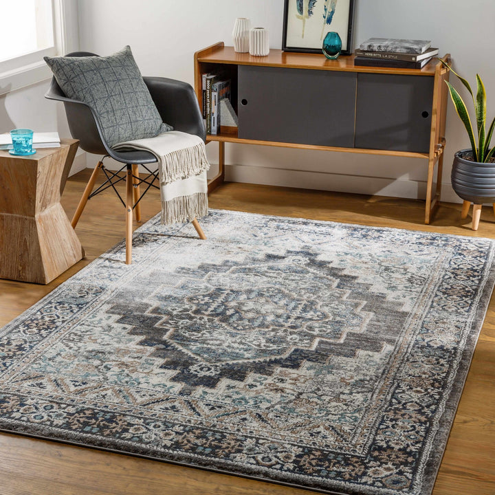 Traditional Medallion Design Charcoal Machine Woven Area Rug - The Rug Decor