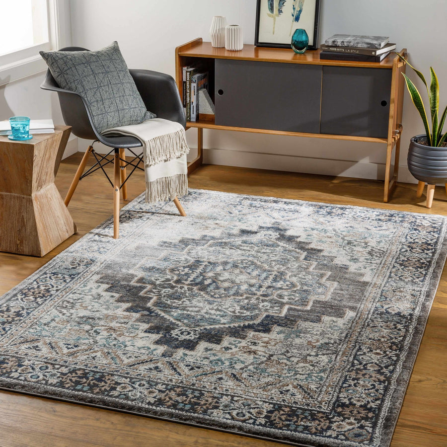 Traditional Medallion Design Charcoal Machine Woven Area Rug - The Rug Decor