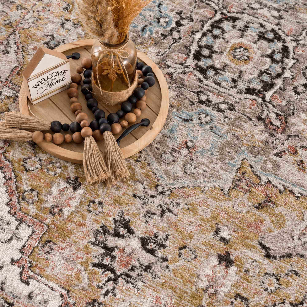 Traditional Medallion Design olive, Ivory, Peach and Charcoal Rug - The Rug Decor