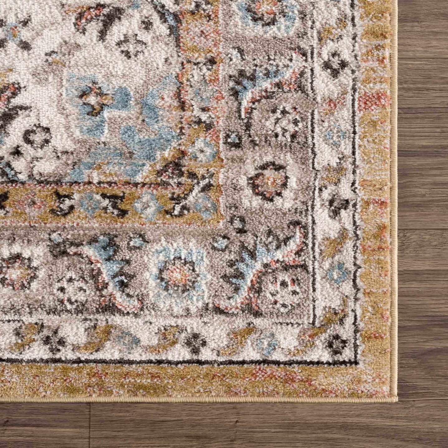 Traditional Medallion Design olive, Ivory, Peach and Charcoal Rug - The Rug Decor