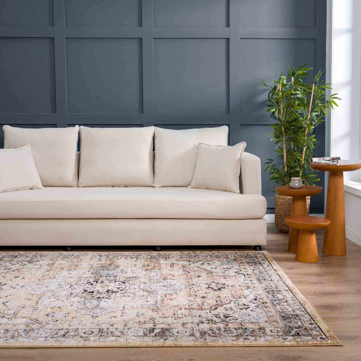 Traditional Medallion Design olive, Ivory, Peach and Charcoal Rug - The Rug Decor