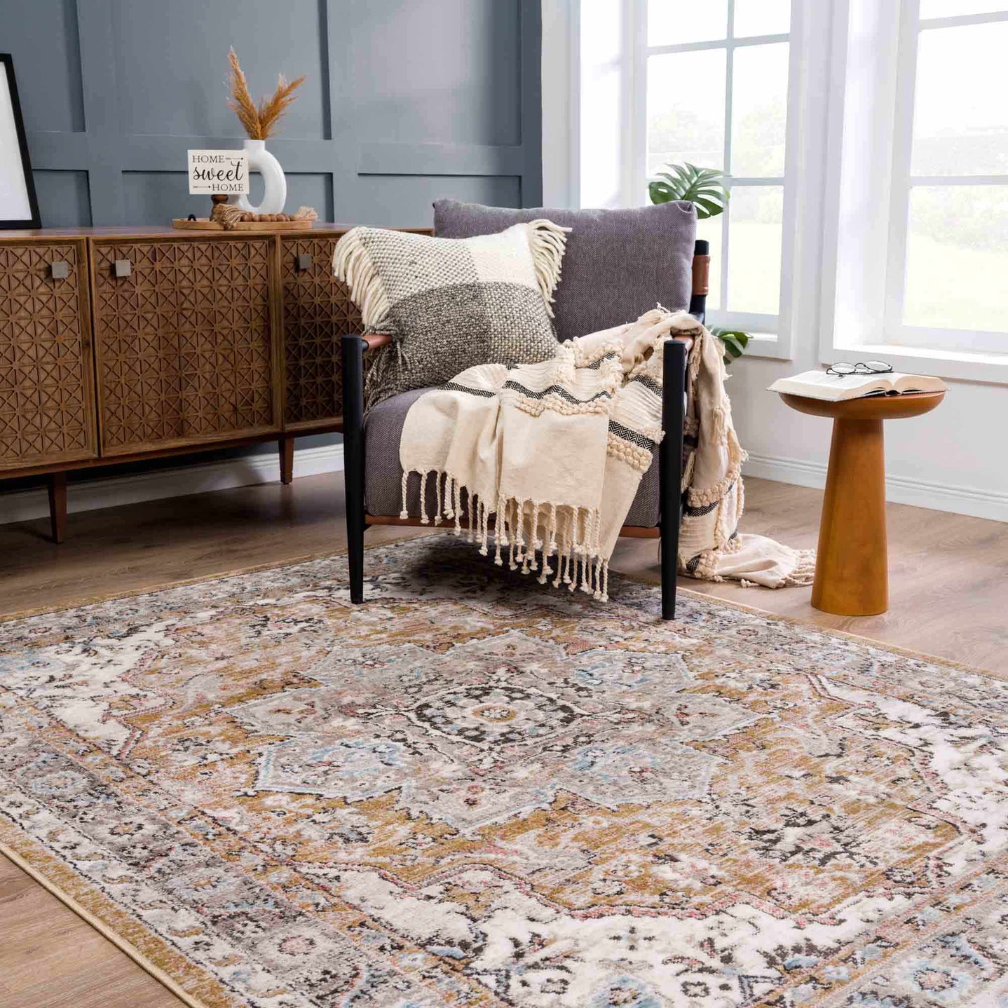 Traditional Medallion Design olive, Ivory, Peach and Charcoal Rug - The Rug Decor