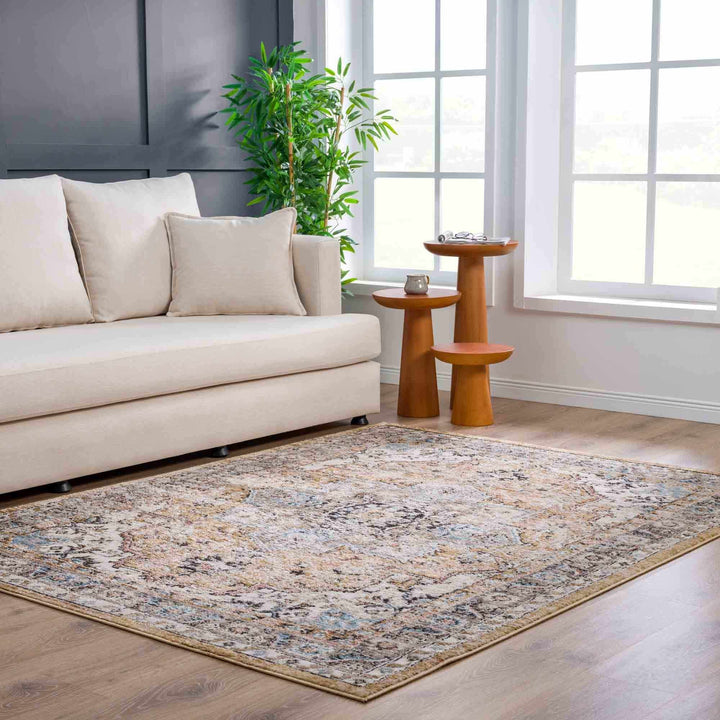 Traditional Medallion Design olive, Ivory, Peach and Charcoal Rug - The Rug Decor