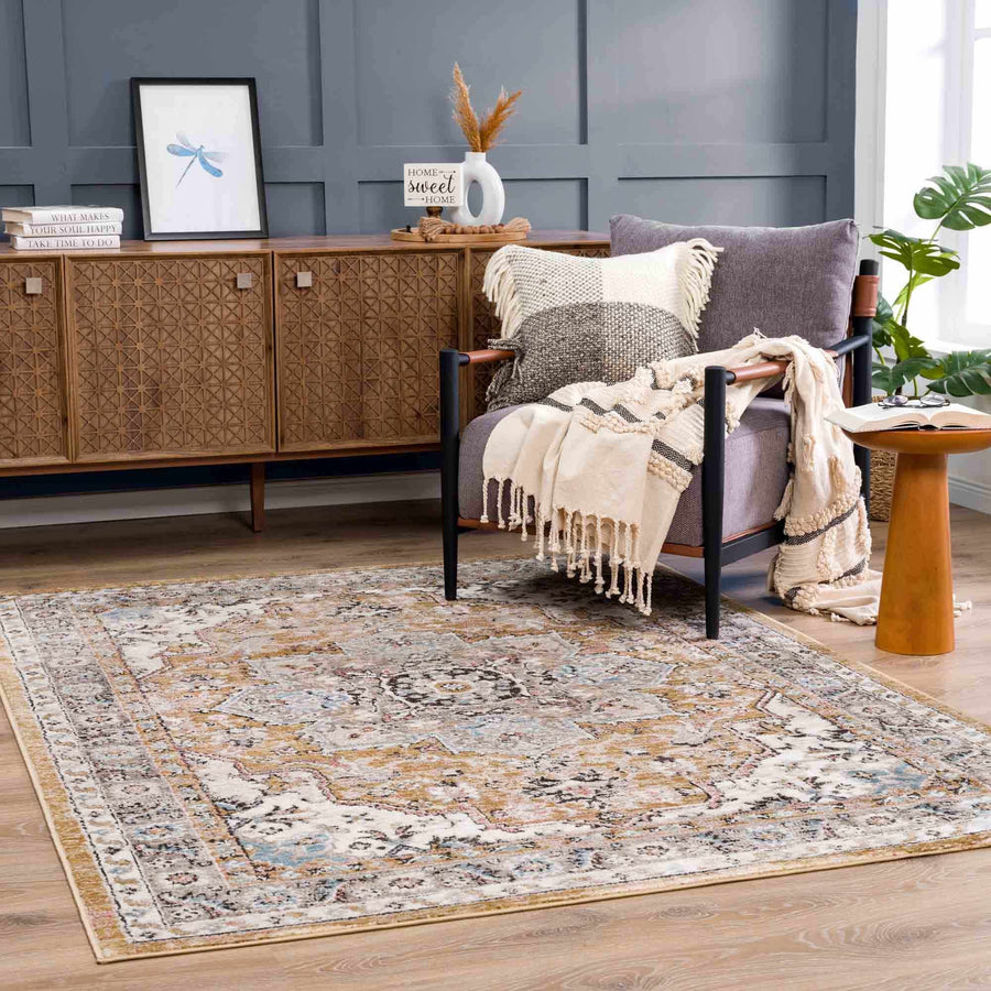 Traditional Medallion Design olive, Ivory, Peach and Charcoal Rug - The Rug Decor