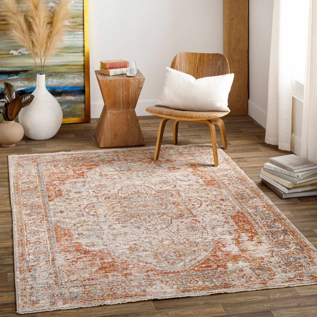 Traditional Medallion Design Rust And Cream Machine Woven Rug - The Rug Decor