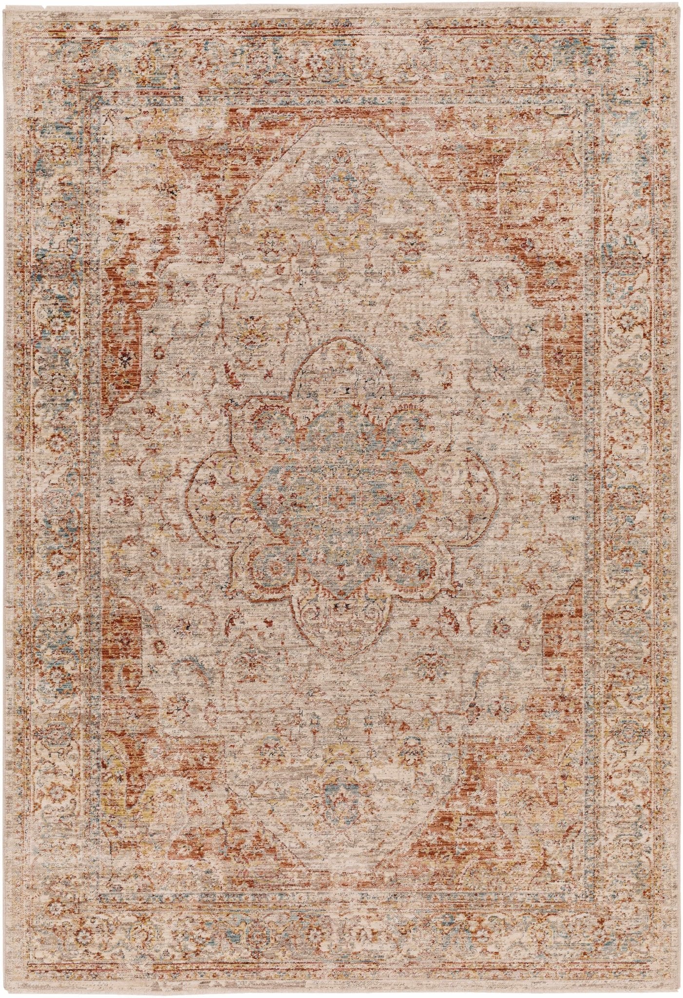 Traditional Medallion Design Rust And Cream Machine Woven Rug - The Rug Decor