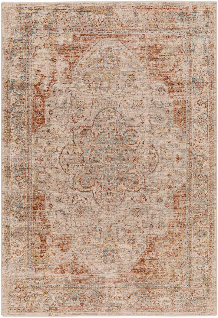 Traditional Medallion Design Rust And Cream Machine Woven Rug - The Rug Decor