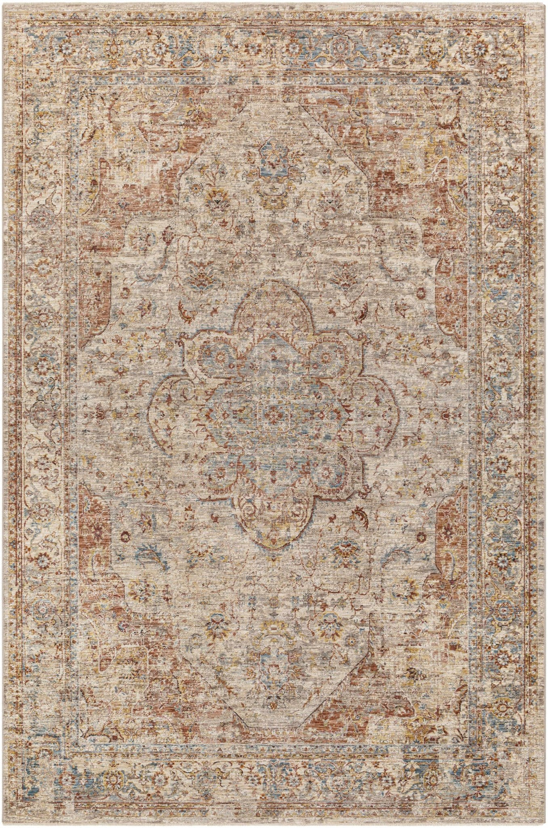 Traditional Medallion Design Rust And Cream Machine Woven Rug - The Rug Decor