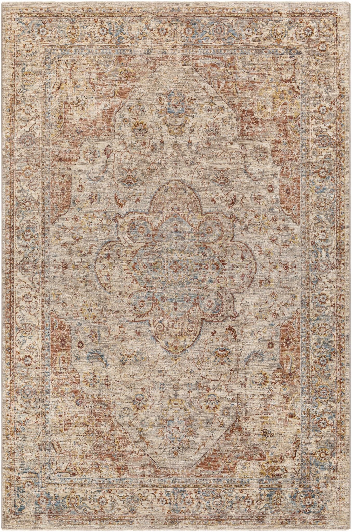 Traditional Medallion Design Rust And Cream Machine Woven Rug - The Rug Decor