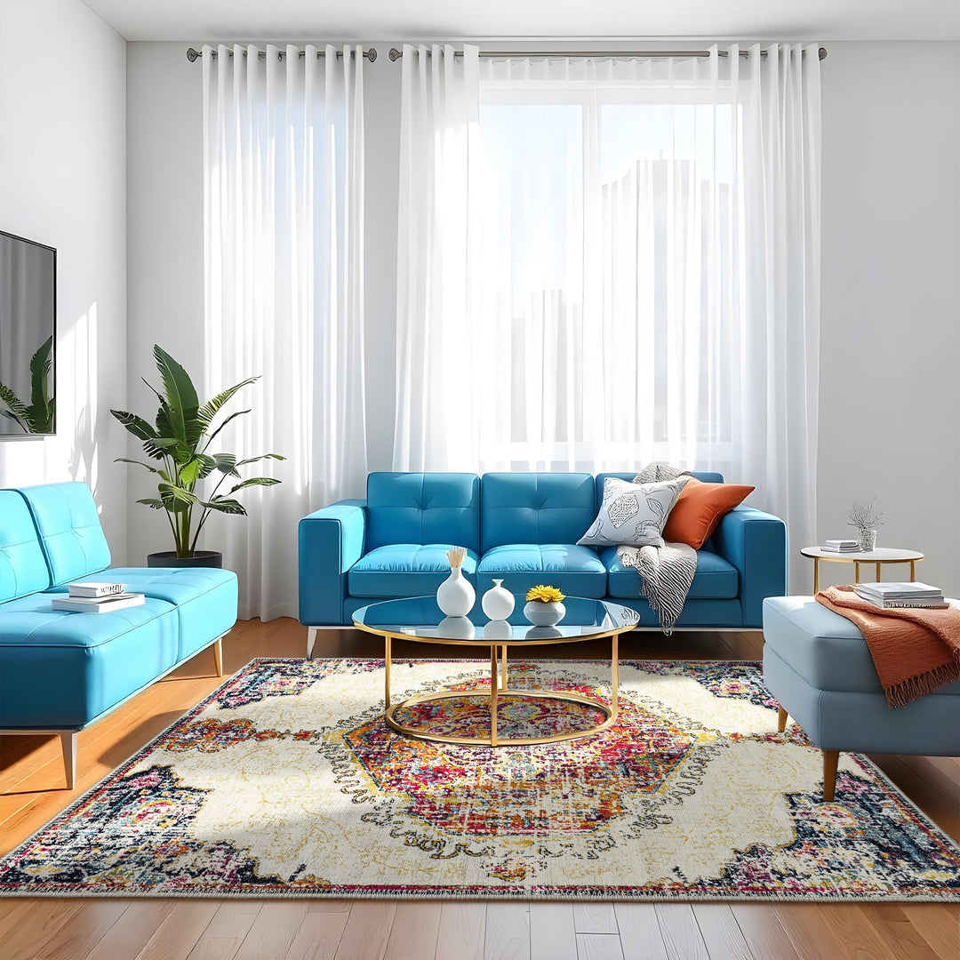 Traditional Medallion Ivory And Rust Machine Washable Rug - The Rug Decor