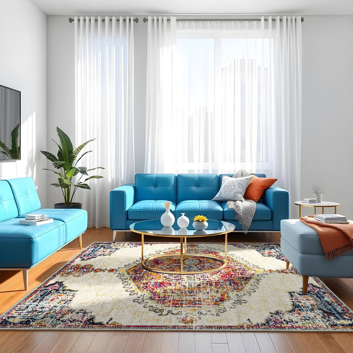 Traditional Medallion Ivory And Rust Machine Washable Rug - The Rug Decor