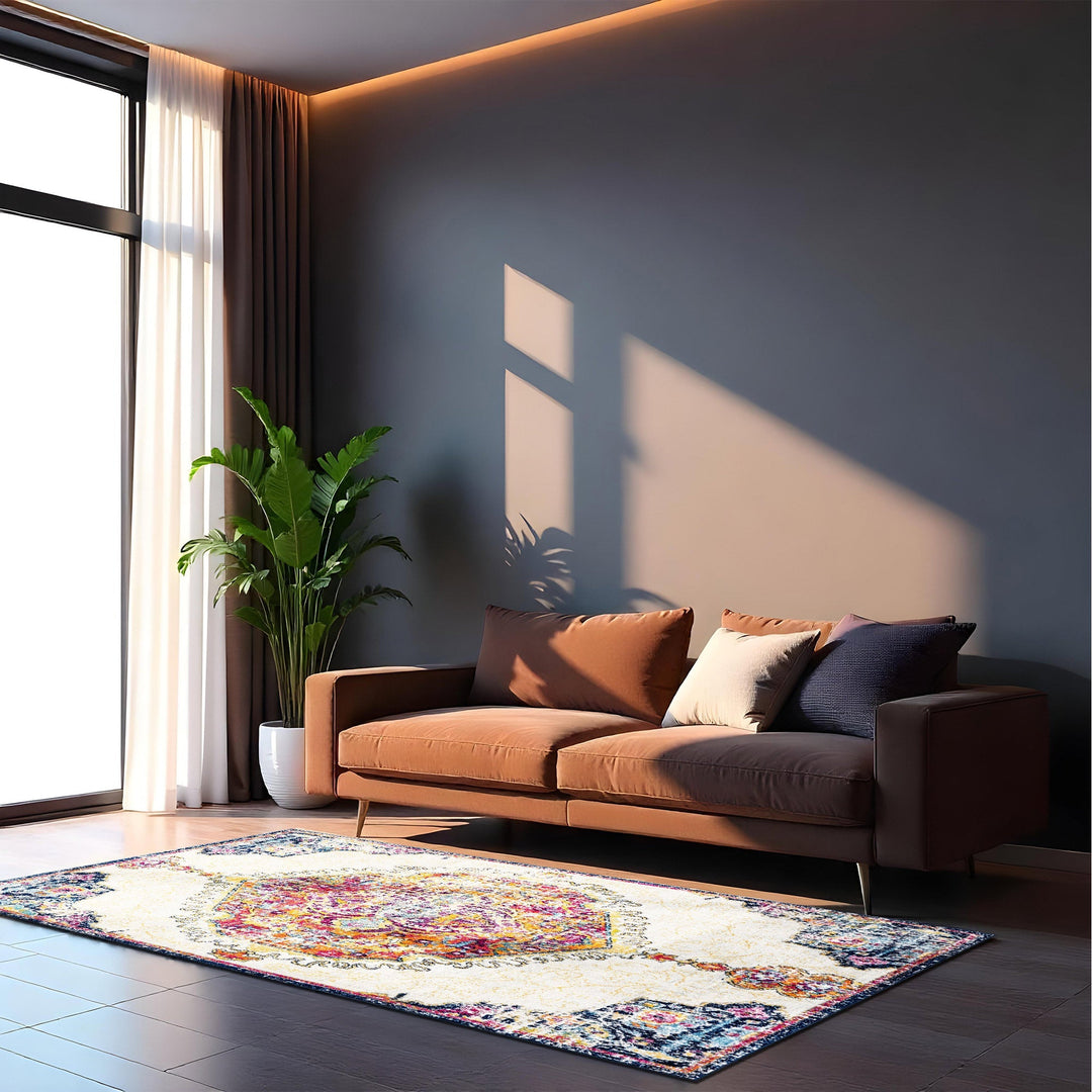 Traditional Medallion Ivory And Rust Machine Washable Rug - The Rug Decor