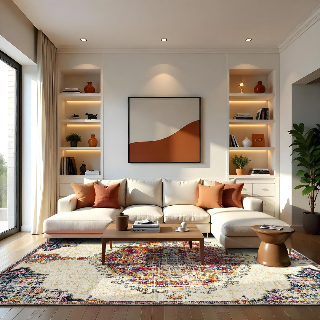 Traditional Medallion Ivory And Rust Machine Washable Rug - The Rug Decor