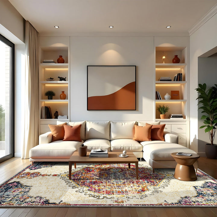 Traditional Medallion Ivory And Rust Machine Washable Rug - The Rug Decor