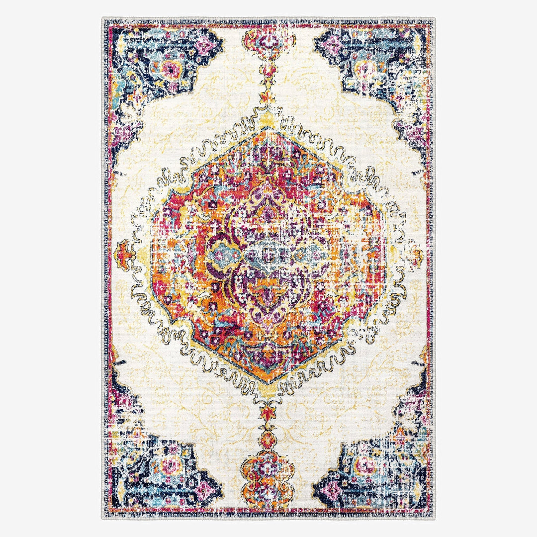 Traditional Medallion Ivory And Rust Machine Washable Rug - The Rug Decor