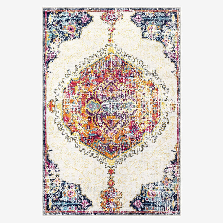 Traditional Medallion Ivory And Rust Machine Washable Rug - The Rug Decor