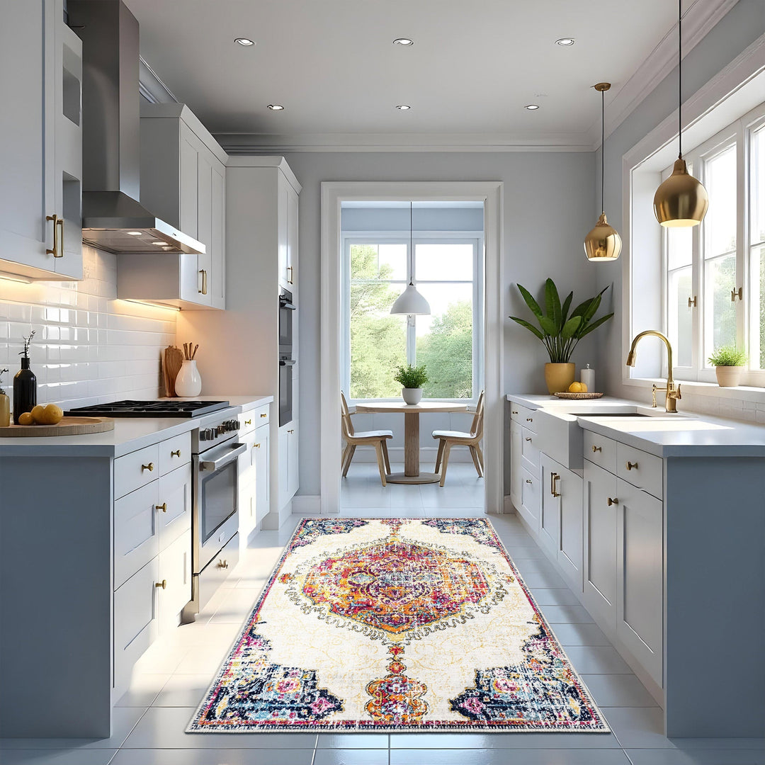 Traditional Medallion Ivory And Rust Machine Washable Rug - The Rug Decor