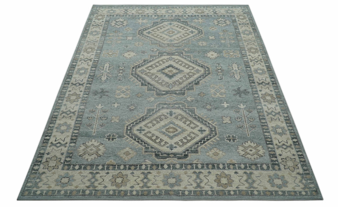 Traditional Medallions Design Blue And Beige Custom Made Wool And Linen Blend Rug - The Rug Decor