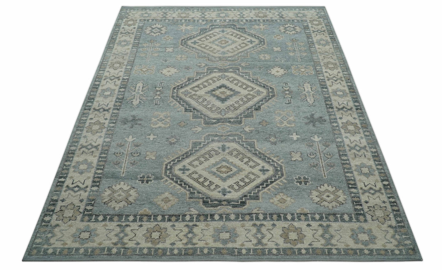 Traditional Medallions Design Blue And Beige Custom Made Wool And Linen Blend Rug - The Rug Decor