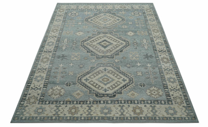 Traditional Medallions Design Blue And Beige Custom Made Wool And Linen Blend Rug - The Rug Decor