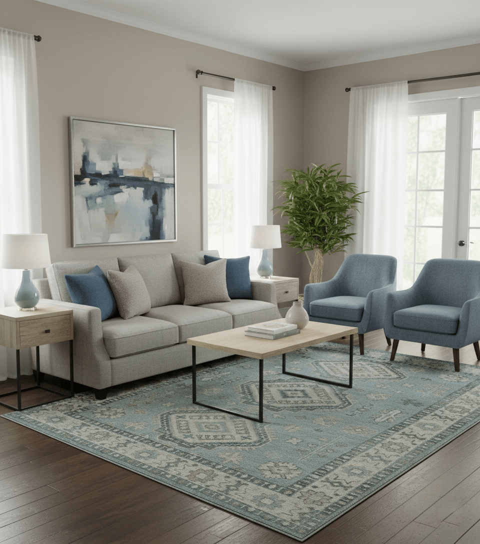 Traditional Medallions Design Blue And Beige Custom Made Wool And Linen Blend Rug - The Rug Decor