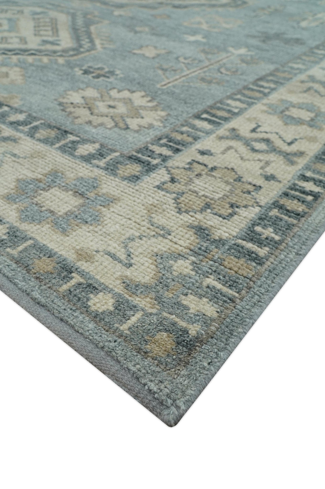 Traditional Medallions Design Blue And Beige Custom Made Wool And Linen Blend Rug - The Rug Decor