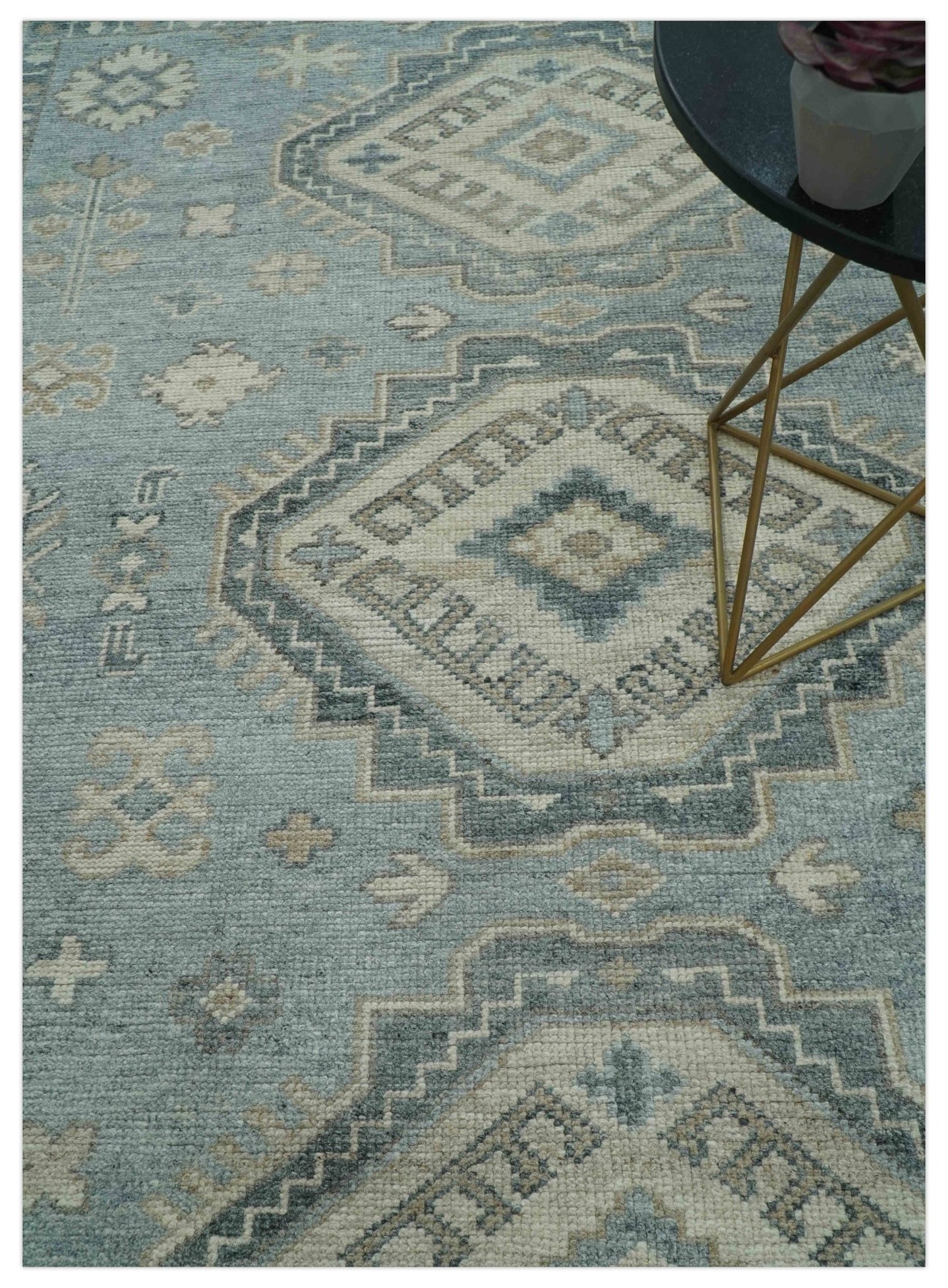 Traditional Medallions Design Blue And Beige Custom Made Wool And Linen Blend Rug - The Rug Decor