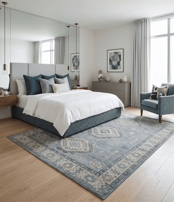 Traditional Medallions Design Blue And Beige Custom Made Wool And Linen Blend Rug - The Rug Decor