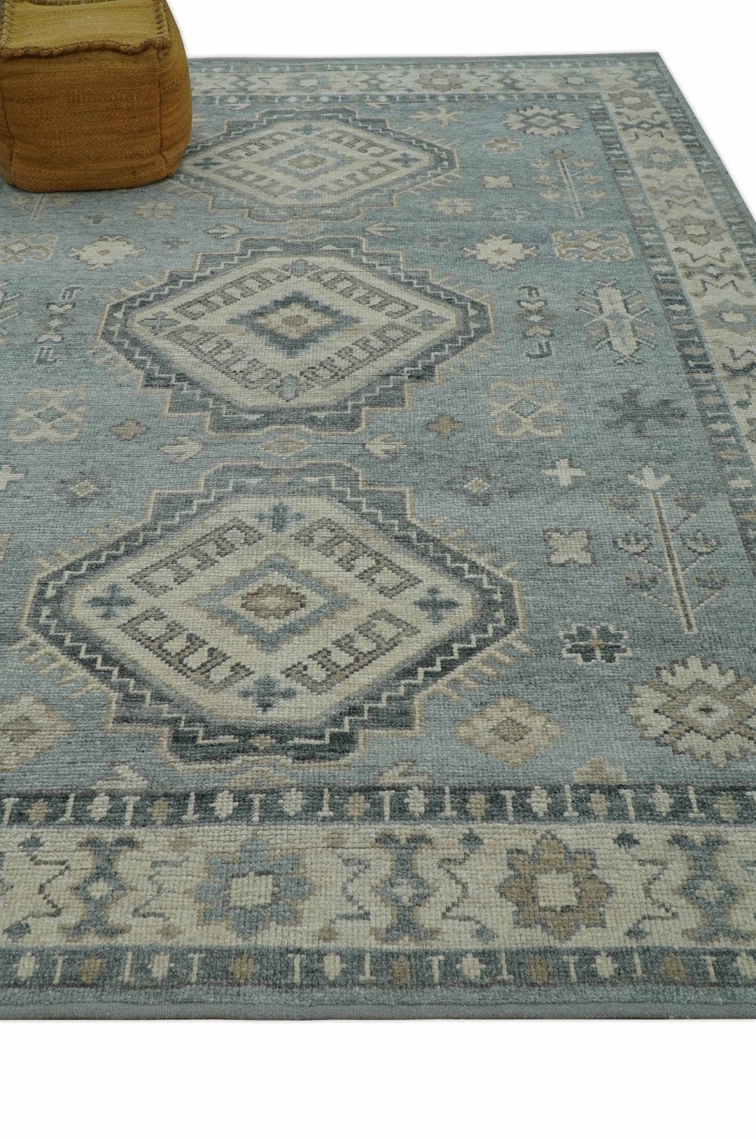 Traditional Medallions Design Blue And Beige Custom Made Wool And Linen Blend Rug - The Rug Decor
