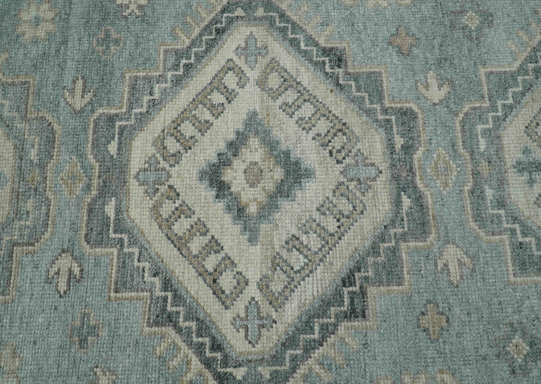 Traditional Medallions Design Blue And Beige Custom Made Wool And Linen Blend Rug - The Rug Decor