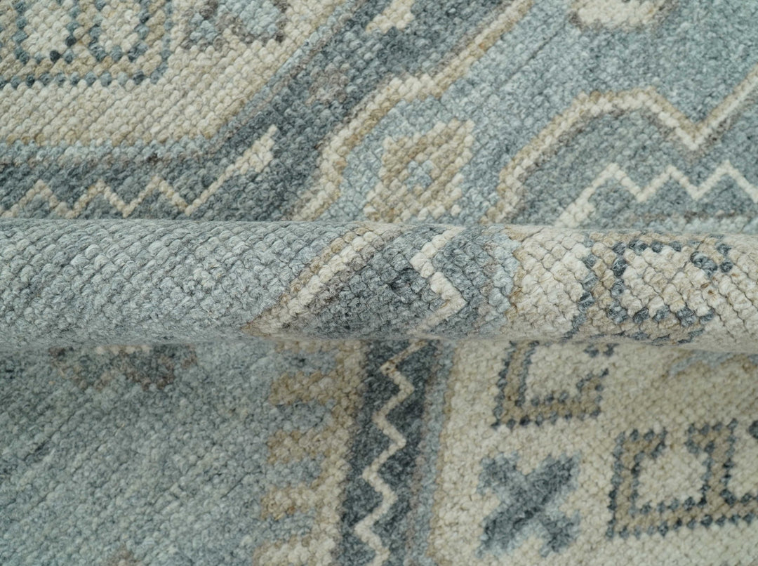 Traditional Medallions Design Blue And Beige Custom Made Wool And Linen Blend Rug - The Rug Decor