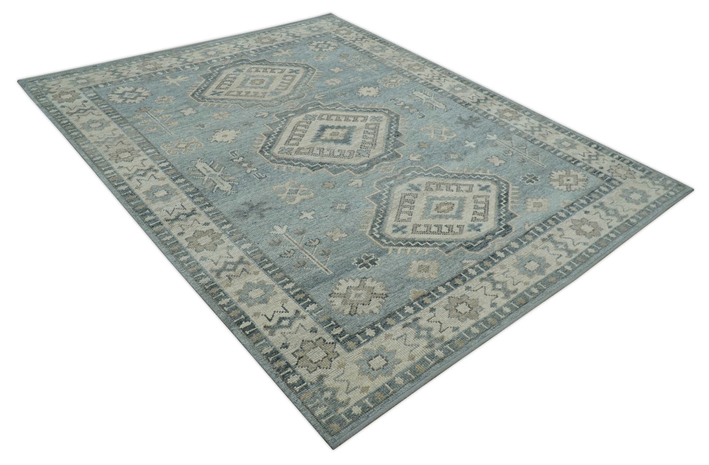 Traditional Medallions Design Blue And Beige Custom Made Wool And Linen Blend Rug - The Rug Decor