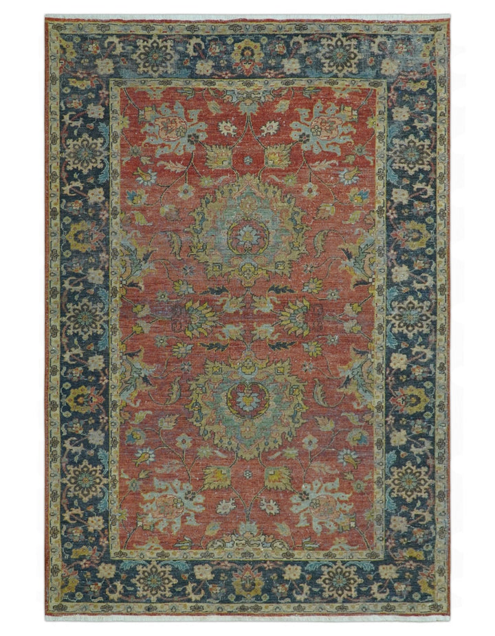Traditional Oriental Design Fine Rust And Blue Hand Knotted 4x6 Wool Area Rug - The Rug Decor