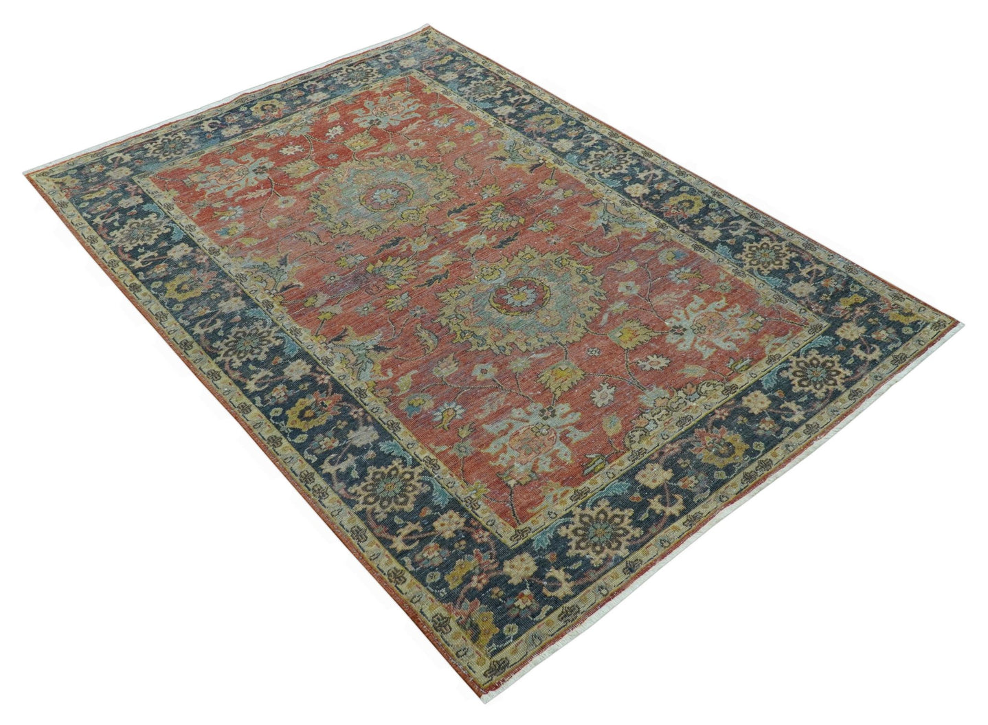 Traditional Oriental Design Fine Rust And Blue Hand Knotted 4x6 Wool Area Rug - The Rug Decor