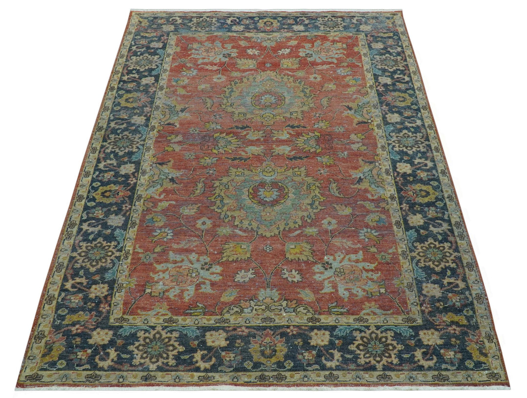Traditional Oriental Design Fine Rust And Blue Hand Knotted 4x6 Wool Area Rug - The Rug Decor
