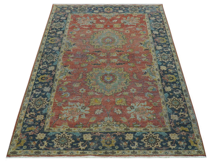 Traditional Oriental Design Fine Rust And Blue Hand Knotted 4x6 Wool Area Rug - The Rug Decor