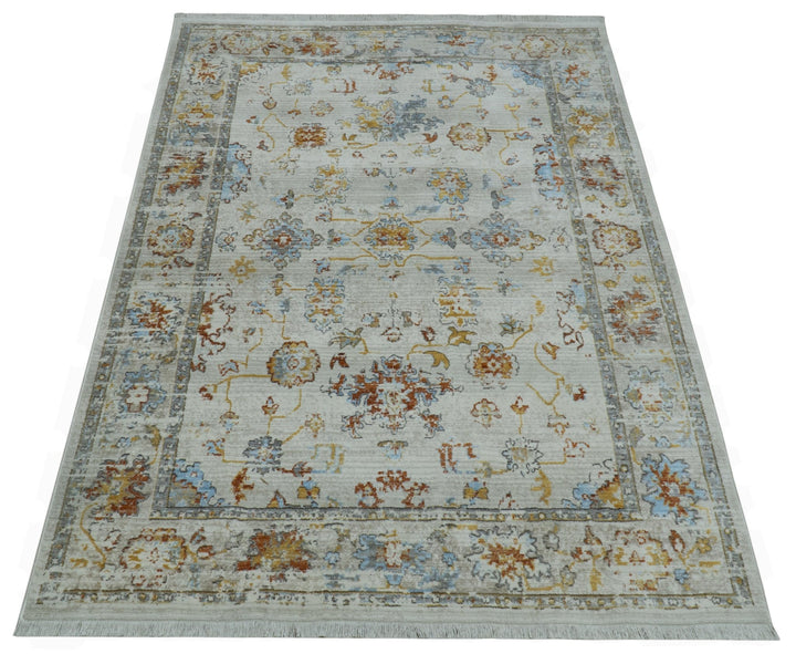 Traditional Oriental Design Silver And Rust Machine Woven 4x5.7 Polyester Area Rug - The Rug Decor