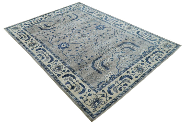 Traditional Oriental Gray And Blue Hand knotted Art Silk Area Rug - The Rug Decor