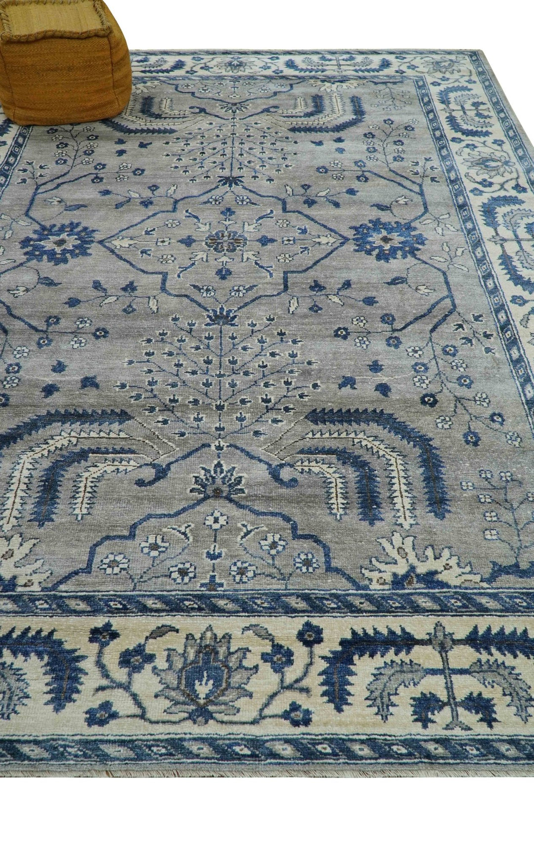 Traditional Oriental Gray And Blue Hand knotted Art Silk Area Rug - The Rug Decor