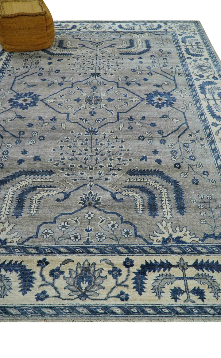 Traditional Oriental Gray And Blue Hand knotted Art Silk Area Rug - The Rug Decor