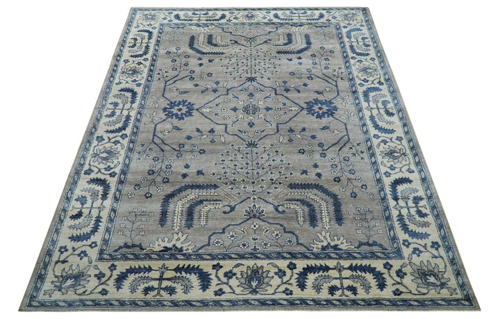 Traditional Oriental Gray And Blue Hand knotted Art Silk Area Rug - The Rug Decor