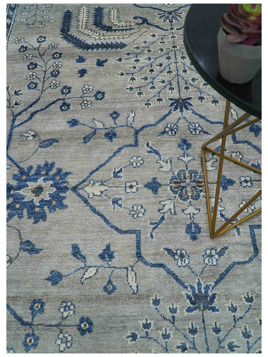 Traditional Oriental Gray And Blue Hand knotted Art Silk Area Rug - The Rug Decor