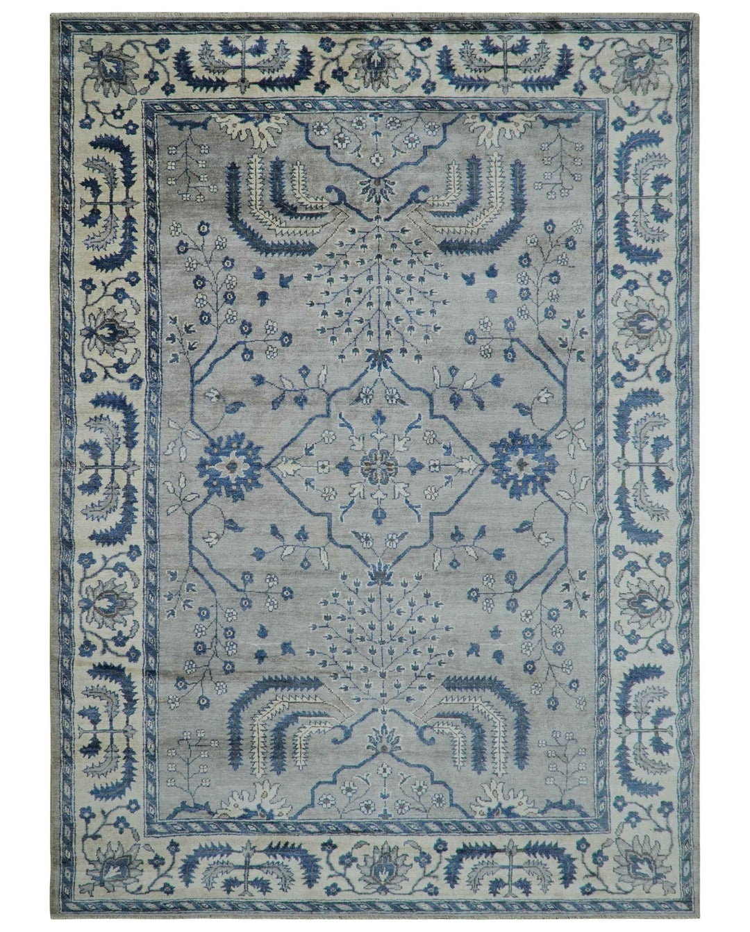 Traditional Oriental Gray And Blue Hand knotted Art Silk Area Rug - The Rug Decor