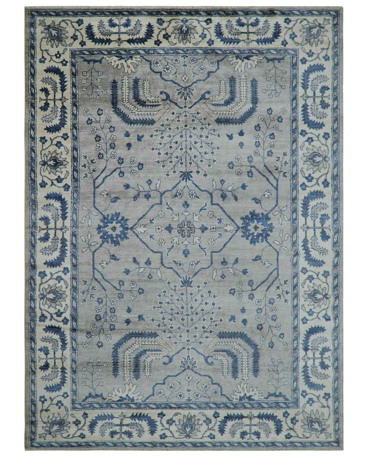 Traditional Oriental Gray And Blue Hand knotted Art Silk Area Rug - The Rug Decor