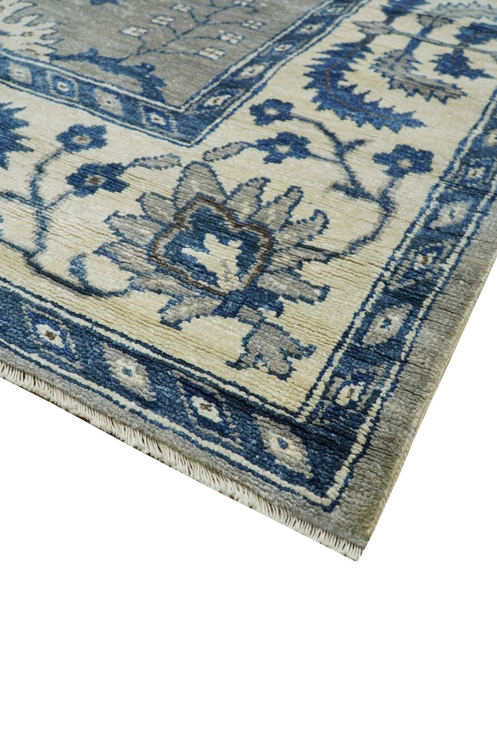 Traditional Oriental Gray And Blue Hand knotted Art Silk Area Rug - The Rug Decor