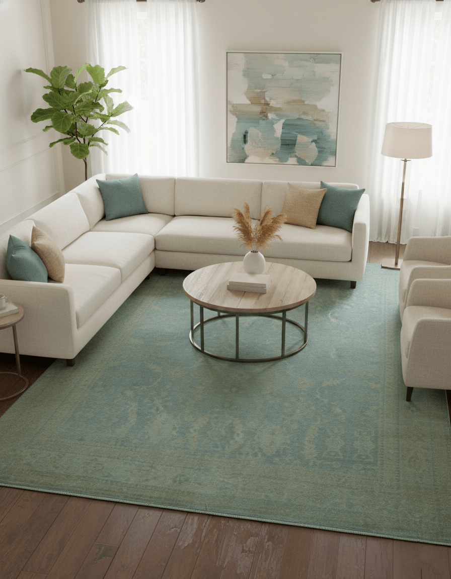 Traditional Oushak Beige And Blue 10x14 Hand Knotted Wool Area Rug - The Rug Decor